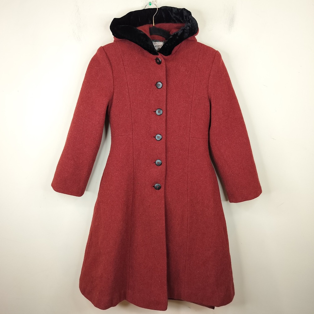 Rothschild Vintage Wool Hooded Coat Girls 14 Velvet Trim Classic Red Holiday